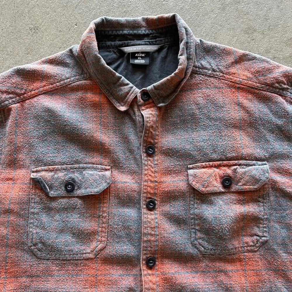 Kuhl Joyrydr Shirt Jacket Men XL Orange Gray Plaid Fleece Button Up Shacket 7516